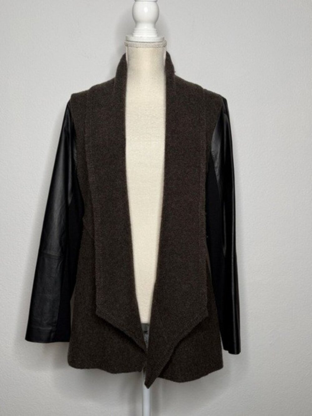 Eileen Fisher Peat Wool Leather Cardigan Jacket Black Brown NWT Size LP